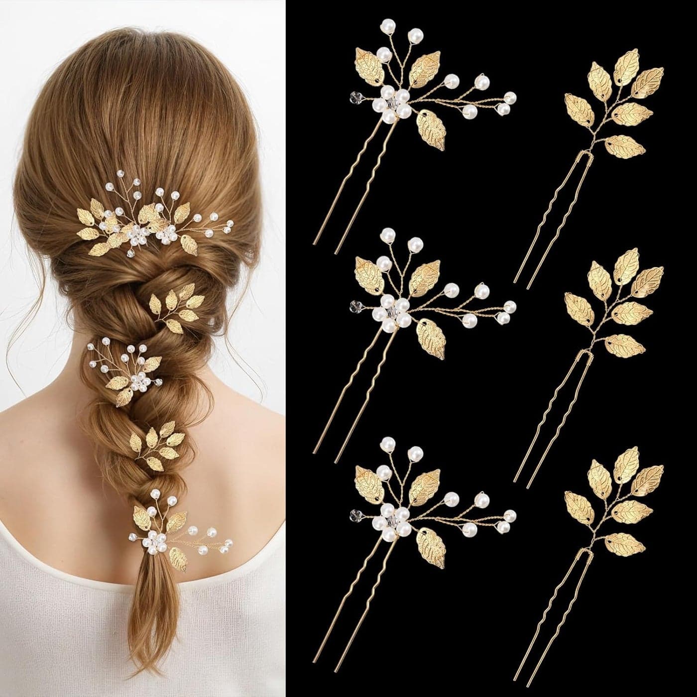 6 Pieces Gold Leaf Wedding Hair Pins Crystal Pearl Floral Hair Clips Vintage Bridal Headpiece for Brides Bridesmaids Flower Girls Gold