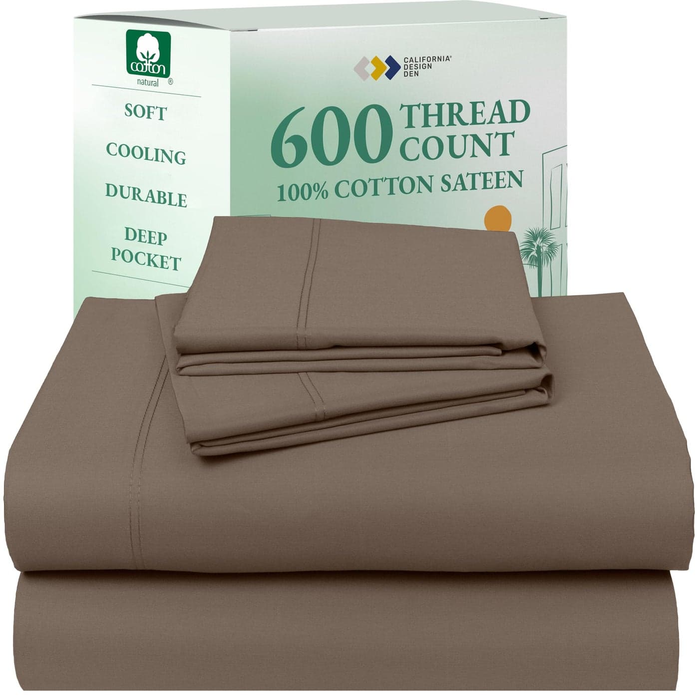 California Design Den 600 Thread Count Sheets King 100 Cotton Sheet Sateen King Size Bed Sheets Soft Cooling HotelQuality Bedding with Deep Pockets Mushroom Taupe Brown