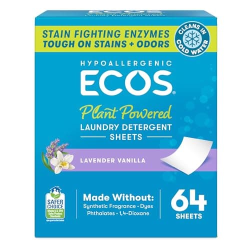 ECOS Laundry Detergent Sheets Vegan No Plastic Jug No Mess Liquid Free Hypoallergenic Plant Powered Laundry Detergent Sheet Lavender Vanilla 64 Count Pack of 1