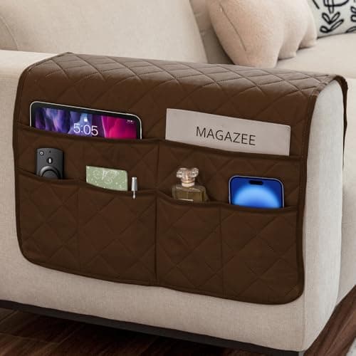 Remote Control Holder for Recliner Non-Slip Armchair Caddy Couch Armrest Organizer, Arm Chair Bedside Caddy Storage Organizer for Recliner Couch With 6 Pockets for Magazine, Phone, iPad (Brown)