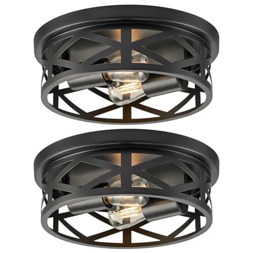 VONLUCE Flush Mount Ceiling Lights, 2-Light Hallway Ceiling Lighting Fixtures, 11 inch Farmhouse Metal Cage Ceiling Lights for Entryway Kitchen, Adjustable Lamp Holders, ETL, 2 pcs, Black