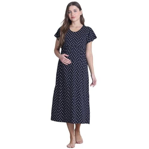 Secret Wish Navy Blue Printed Hosiery Maternity Nighty/Maxi Nighty/Feeding/Nursing/Zipper/Nighty/Night gown
