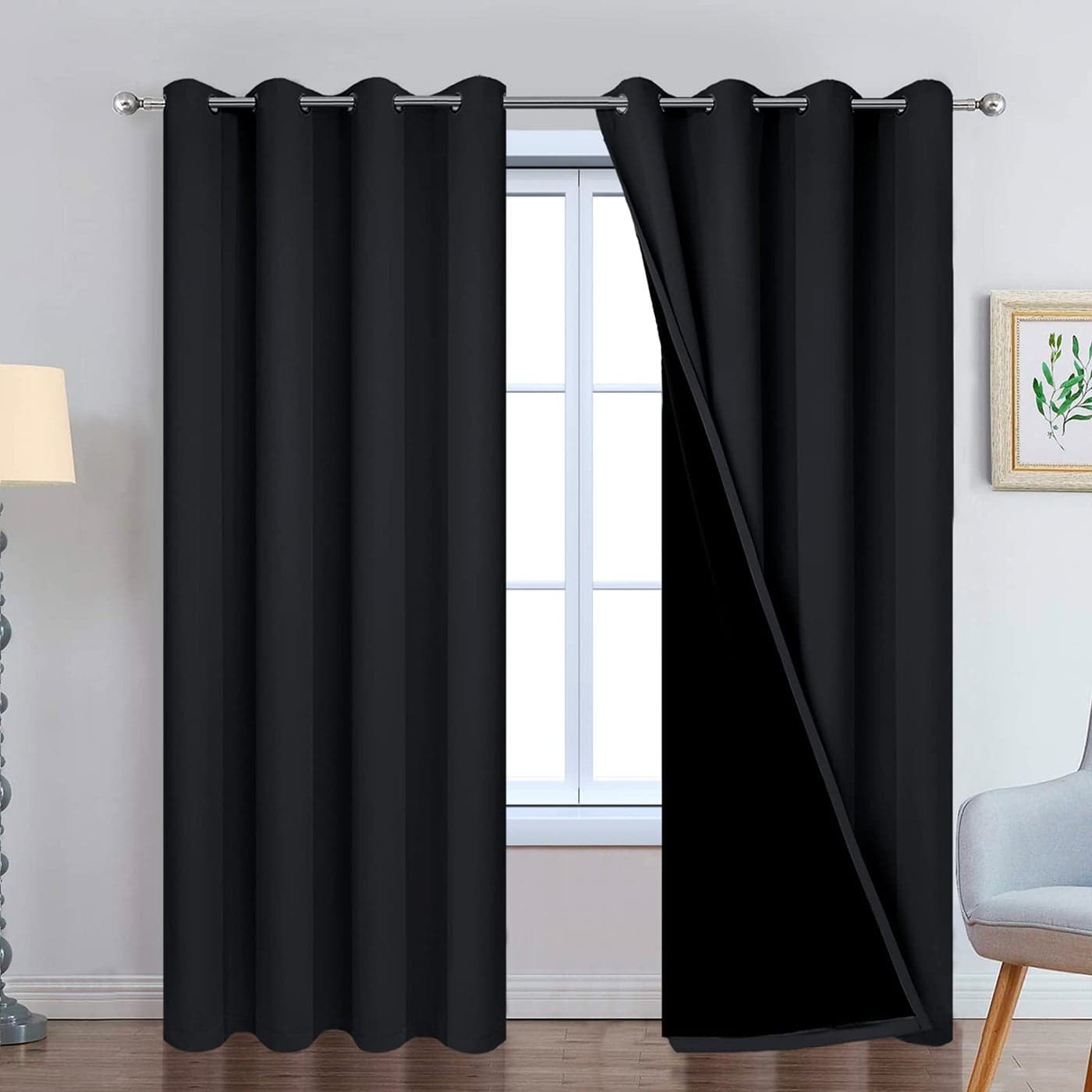 Yakamok 96 Inch Length 100 Blackout Curtains for Bedroom 2 Thick Layers Thermal Insulated Grommet Total Blackout Drapes with Black Liner for Living Room 52Wx96LBlack 2 Panels