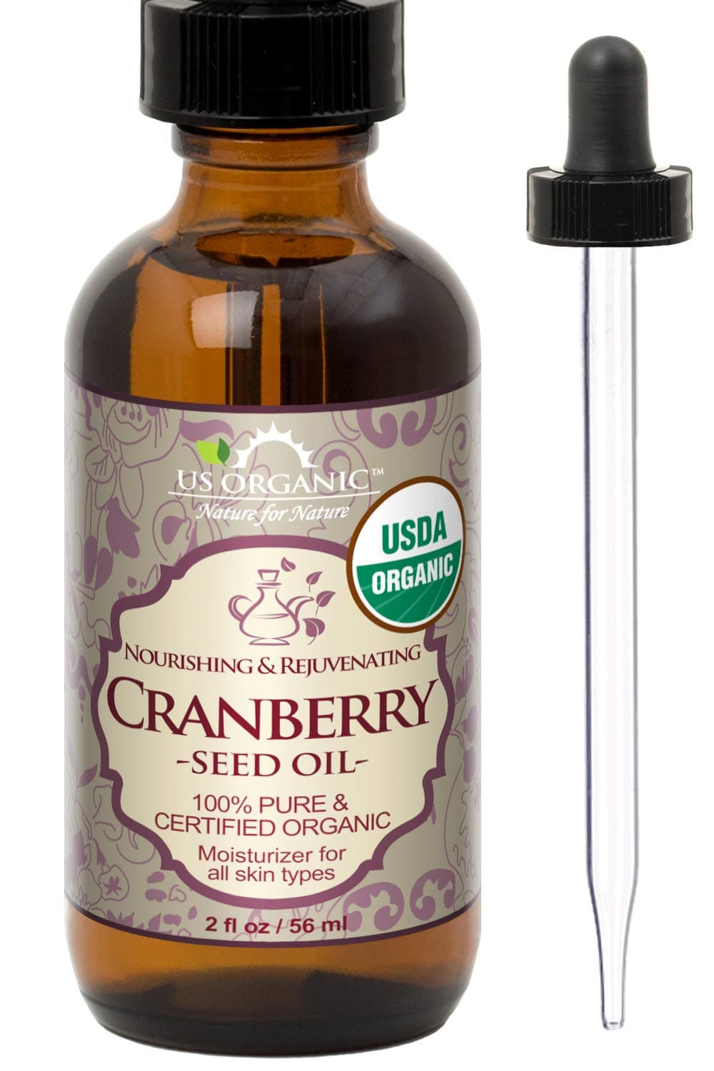 US Organic Cranberry Seed Oil USDA Certified Organic100 Pure Natural Cold Pressed Virgin Unrefined in Amber Glass Bottle wGlass Eyedropper for Easy Application 2 oz 56 ml