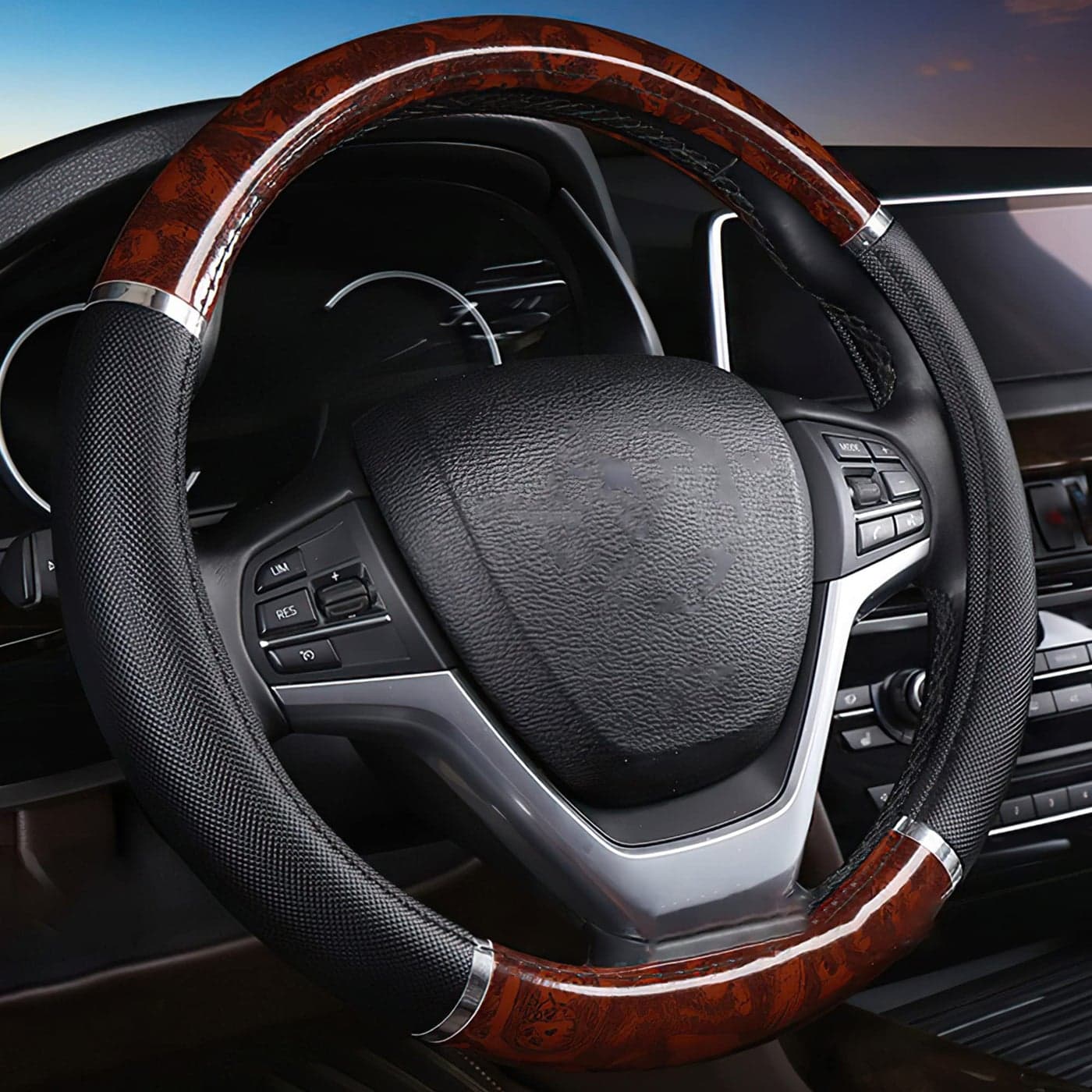 Wood Grain Leather Steering Wheel Cover Brown Black Elastic Stretch Car SUV Wheel Protector Breathable AntiSlip Steering Wheels Accessories for Men Women Universal 15 inch
