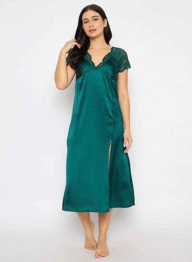 Clovia Solid Padded V Neck Satin Nightdress with Lace Insert