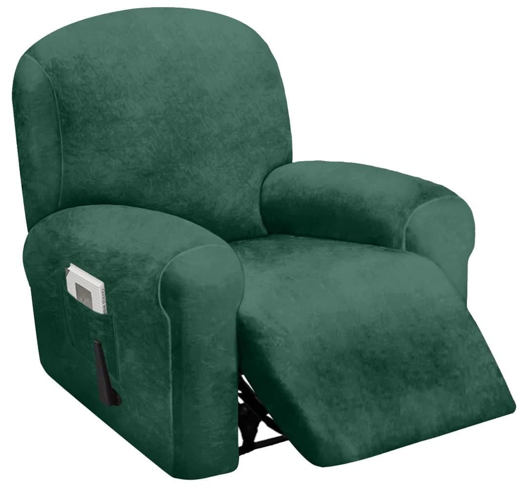 ULTICOR 4-Piece, 1 Seat Recliner Cover, Velvet Stretch Reclining Chair Covers for 1 Cushion Reclining Sofa, Single Seat Recliner Couch Cover, Thick, Very Soft, Machine Washable (Retro Green)