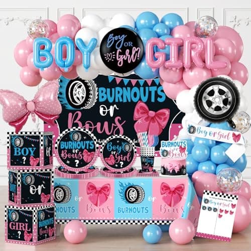 Cocomigo 287pcs Burnouts or Bows Gender Reveal Decorations Onestop Baby Gender Reveal Decorations Include Burnouts or Bows Plates Backdrop Tablecloths Balloon and Stickers
