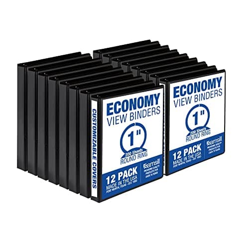 Samsill 1 Inch 3 Ring Binders, Made in USA, Economy Round Ring, Clear View Cover, 200 Sheet Capacity - for School, Home, Office - Black, 12 Pack