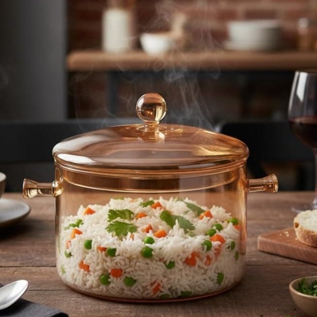 The Better Home Zeno Borosilicate Pot with Lid (1.7L) | Handi with Lid | Microwave Safe | Borosilicate Cookware for Gas Stove | Glass Cooking Pot | Serving Bowl with Lid (Amber)