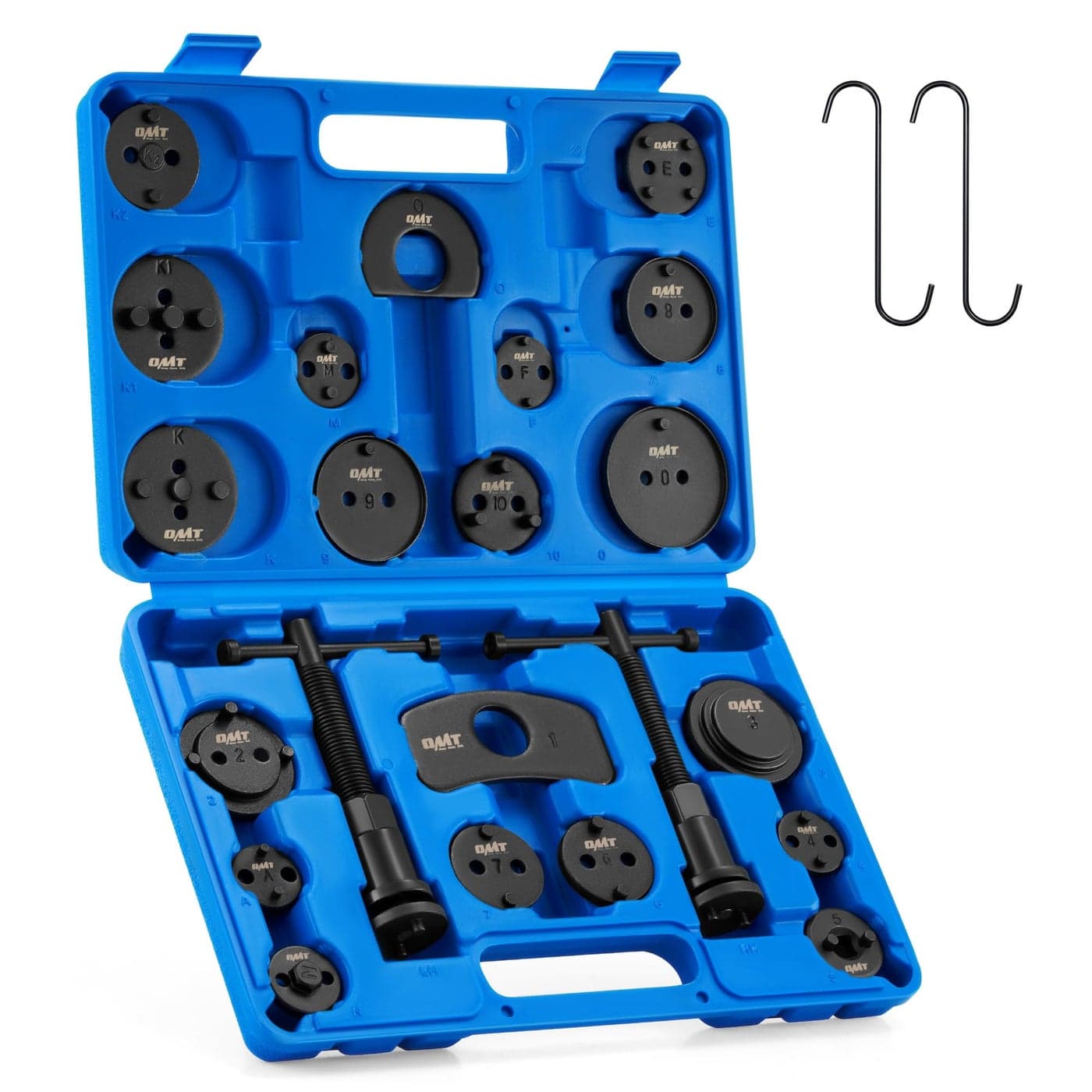 Orion Motor Tech Brake Caliper Wind Back Tool Kit 24pc Brake Caliper Compression Tool Set with Thrust Bolt Assemblies Retaining Plates Caliper Hangers 18 Disc Adapters Brake Caliper Tool Blue Case