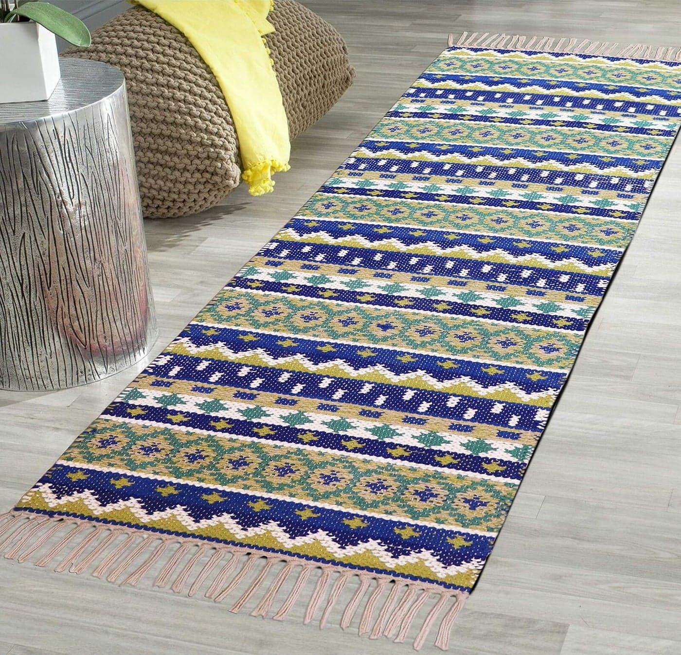 THE HOME TALK Handmade Cotton Carpets Tribal Contemporary Decorator Bedside Runner Living Room Hall Machine Washable 50 x 150 Cm Beige