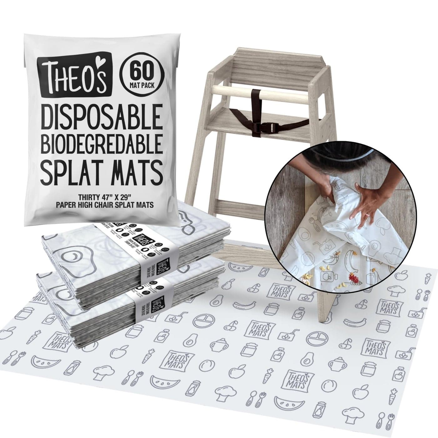 THEO'S MATS 60 Count Disposable Mats for Under High Chair - 100% Biodegradable & Compostable 47" x 29" Splat Mat Floor Covering | Baby Led Weaning Supplies for Home or Restaurants, Gray