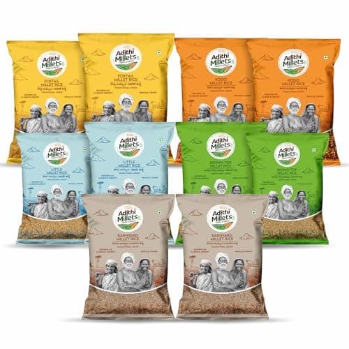 Adithi Millets 5kg Combo | Unpolished Millet Rice – Browntop, Foxtail, Little, Barnyard & Kodo | Low GI Rice Alternative for Diabetic Diet | Gluten Free | 10 x 500g