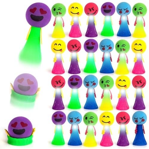 ArtCreativity LightUp Jumping Popper Toys for Kids 24 PCS LED Spring Launchers with Flashing Lights Emoticon Faces Jump Up to 4 Feet Party Favors Goodie Bag Fillers for Boys Girls