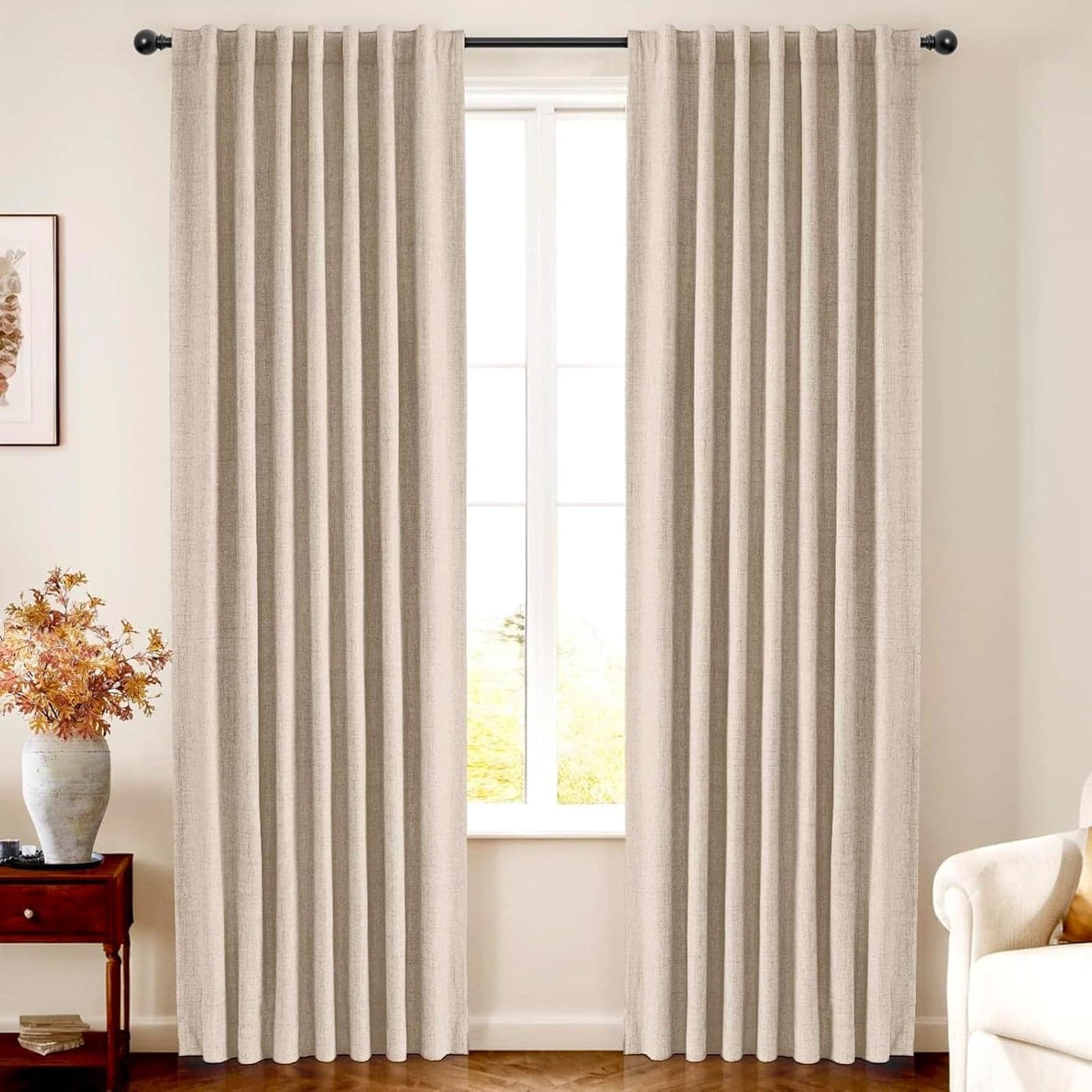 INOVADAY 100 Blackout Curtains 108 Inches Length 2 Panels Set Back TabRod Pocket Linen Black Out Curtains for Bedroom Thermal Insulated Window Drapes Oatmeal W50 X L108