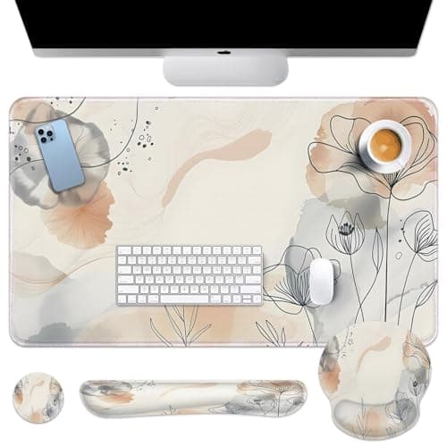 Arttown Watercolor Flower Leaf Desk Mat Summer Mouse Pad Set 4 in 1 Botanical Ergonomic Design Large Desk Pad + Keyboard Wrist Rest + Mouse Wrist Rest + Coaster Suitable for Home Office Study Game