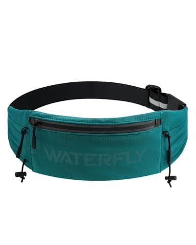 WATERFLY Running Belt Fanny Pack: Breathable 3 Pocket Waist Bag for Men Women Workout Exercise Fitness Phone Holder Fits All Phones - Runner Marathon Jogging Race Belt with Bib Clip Green
