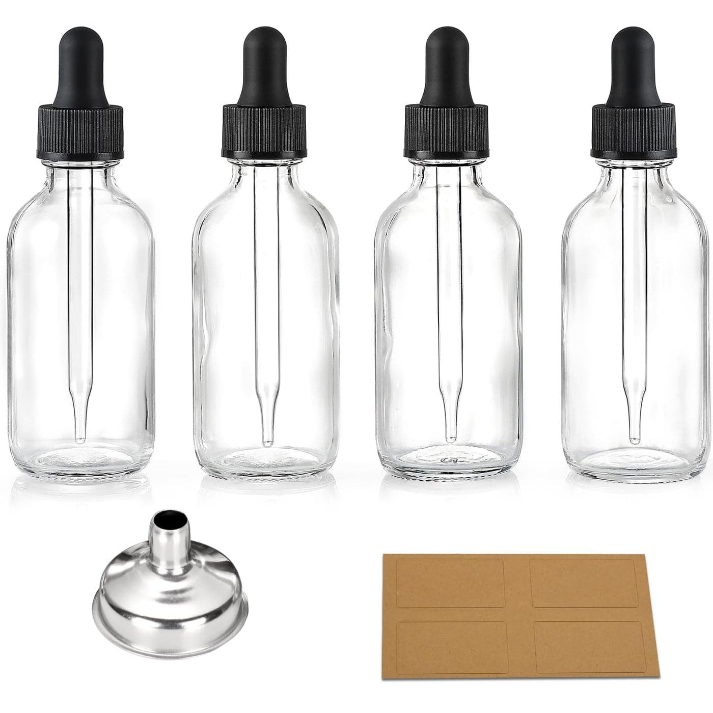 4 Pcs 2 oz Clear Eye Dropper Bottles with 1 Stainless Steel Funnels 4 Labels Black Caps 60ml Thick Glass Tincture Bottles Leakproof Essential Oils Bottles for Health Personal Care Beauty