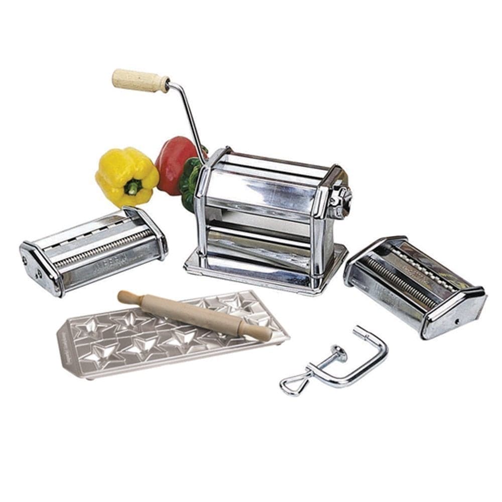 Pasta Maker Machine by Imperia Heavy Duty Deluxe Set w 2 Attachments Made in Italy Star Ravioli Mold Rolling Pin Steel Construction w Wooden Grip Handle Make Fresh Authentic Italian Noodles