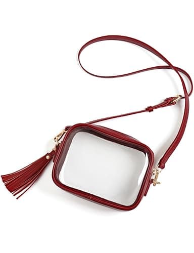 Yarnic Dark Red Clear Bag Stadium Approved, PVC Transparent Crossbody Purse Small Maroon Clear Crossbody Bag with Adjustable Shoulder Strap for Sports Concert (Dark Red)