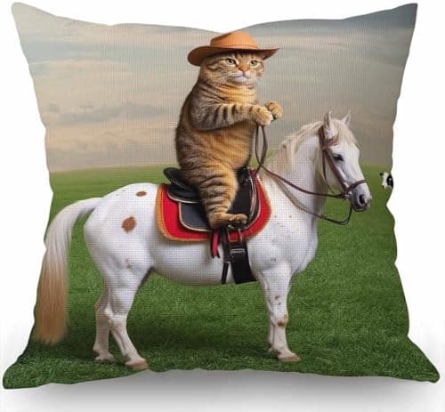 Swono Funny Cat Farmhouse Décor The Cat Cowboy on a Horse Decorative Throw Pillow Cover Cotton Linen Sofa Couch 18 x 18 in