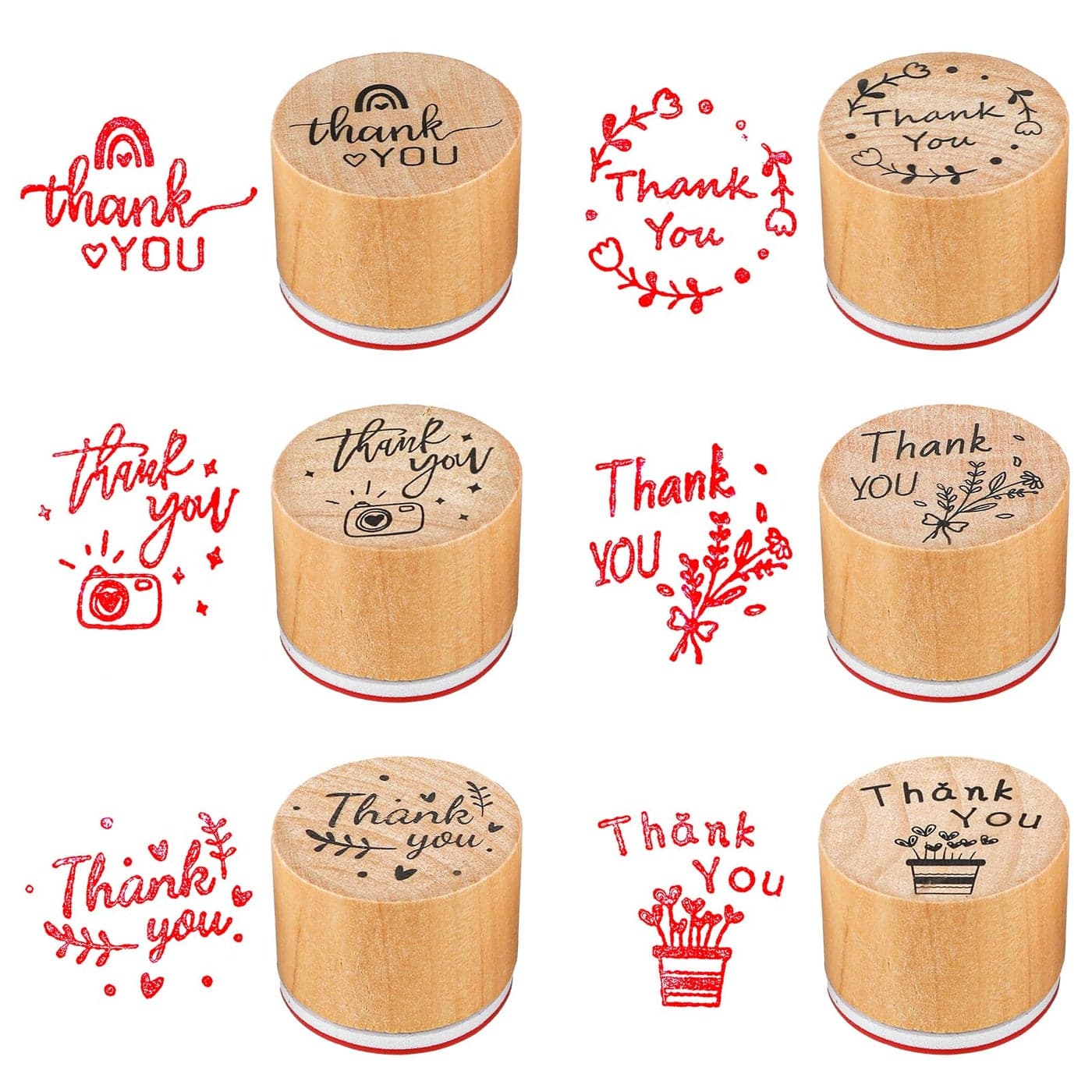 Piriuuo 6 Pcs Thank You Stamps Set Wooden Stamps for Card Making 6 Styles Round Rubber Stamps Server Stamps Photo Album Decoration for Card Making DIY Crafting and Scrapbooking