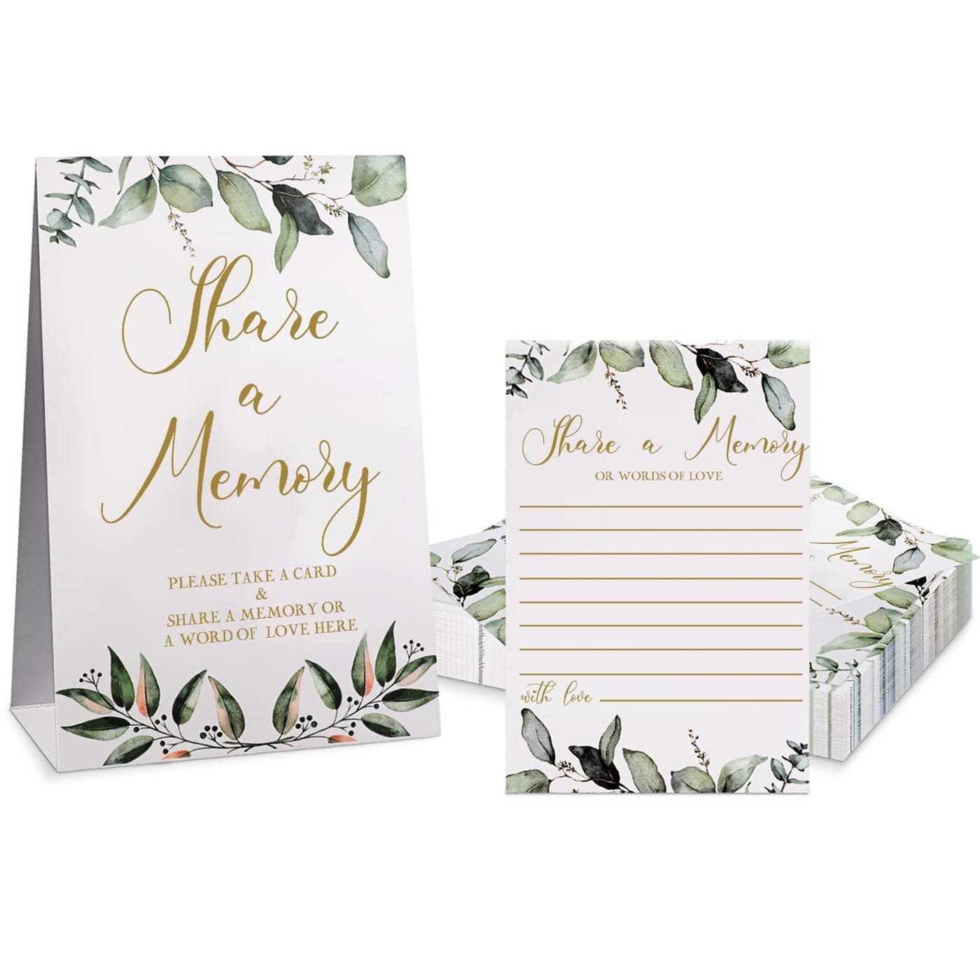 Zonon 51 Pcs Share a Memory Cards and Greenery Seating Place Card Greenery Eucalyptus for Funeral Graduation Wedding Bridal Shower Birthday Anniversary Party Celebration of LifeGold Font