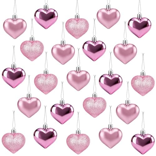 36Pcs Heart Ornaments Valentines Day Decorations Glitter Heart Shaped Valentines Ornaments for Party Tree Hanging Pink