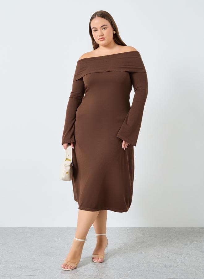 Styli Plus Size Brown Off-Shoulder Midi Dress