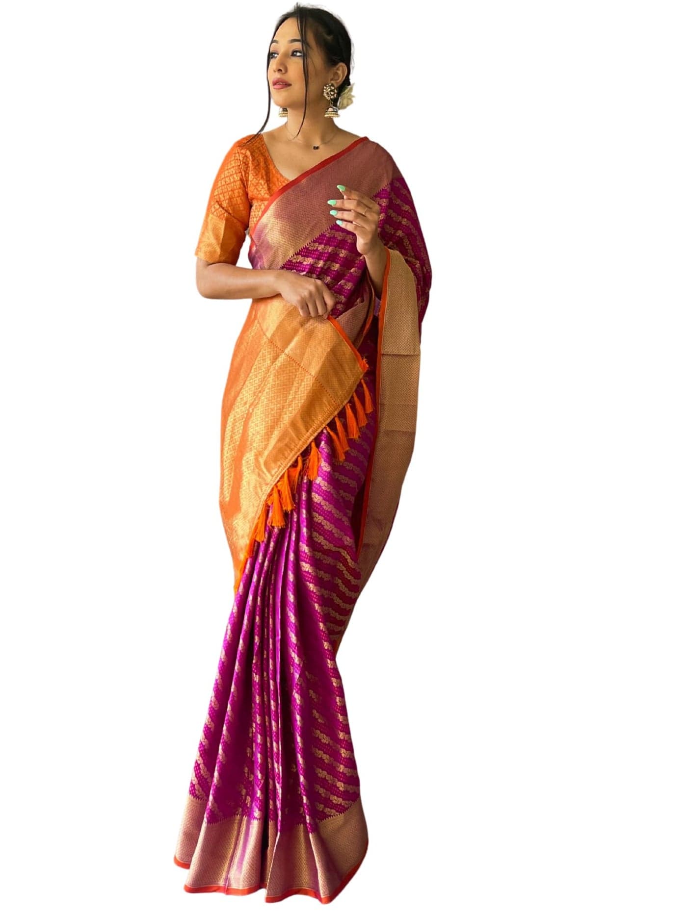 SGF11 Women's Leriya patola Soft Lichi Silk Banarasi Sarees With Blouse Piece (Wine)