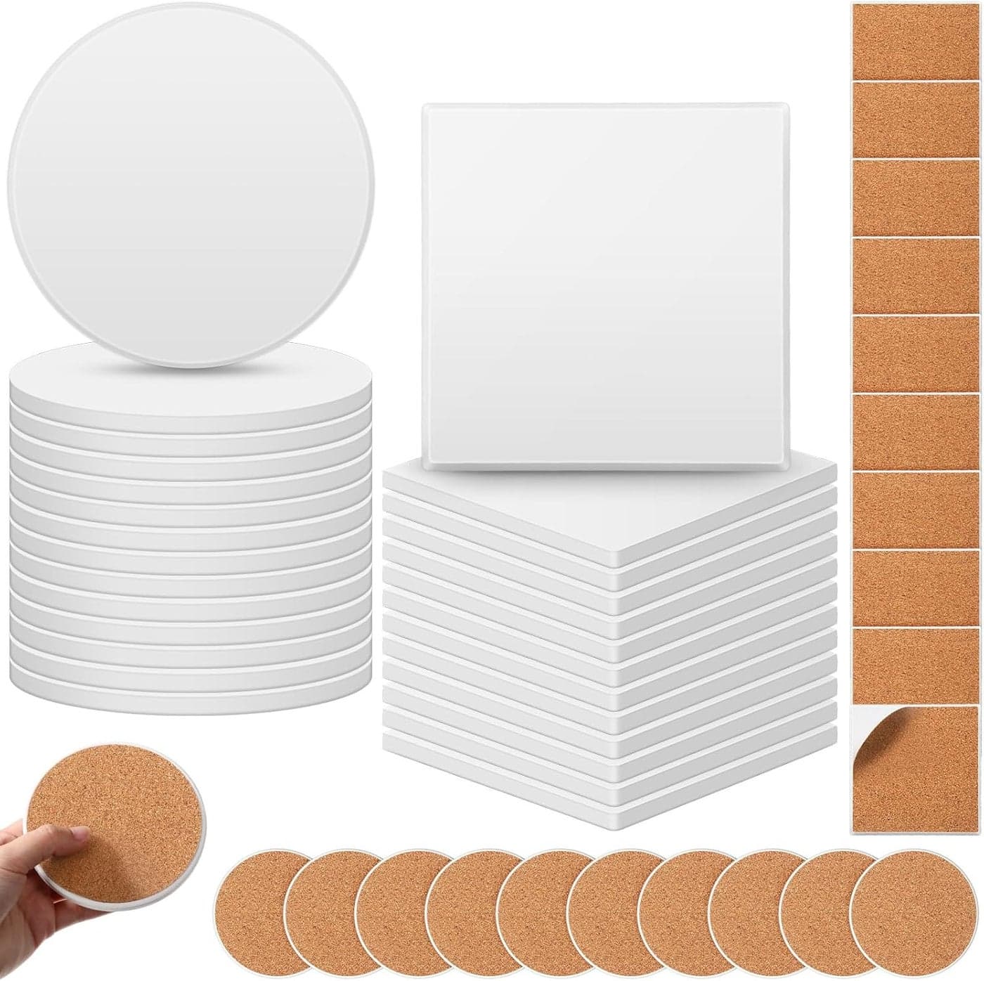 Zopeal 48 Pcs Ceramic Tile for Crafts Coasters Includes Square and Round White Tiles Unglazed Ceramic Coasters with Cork Backing Pads for DIY Project Gifts