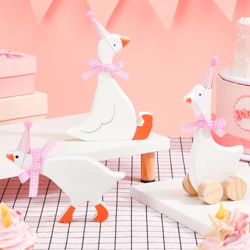 Leinuosen 3 Set One Silly Goose Birthday Decorations 6 Inch Silly Goose Birthday Table Centerpiece Funny 1st Party Supplies Wooden Geese Push Pull Figurine Shelf Table Decor for Baby ShowerPink