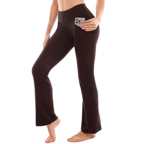 SINOPHANT Flare Leggings for Women with Pockets,High Waisted Tummy Control Bootcut Yoga Pants for Women Soft Bell Bottoms Brown L