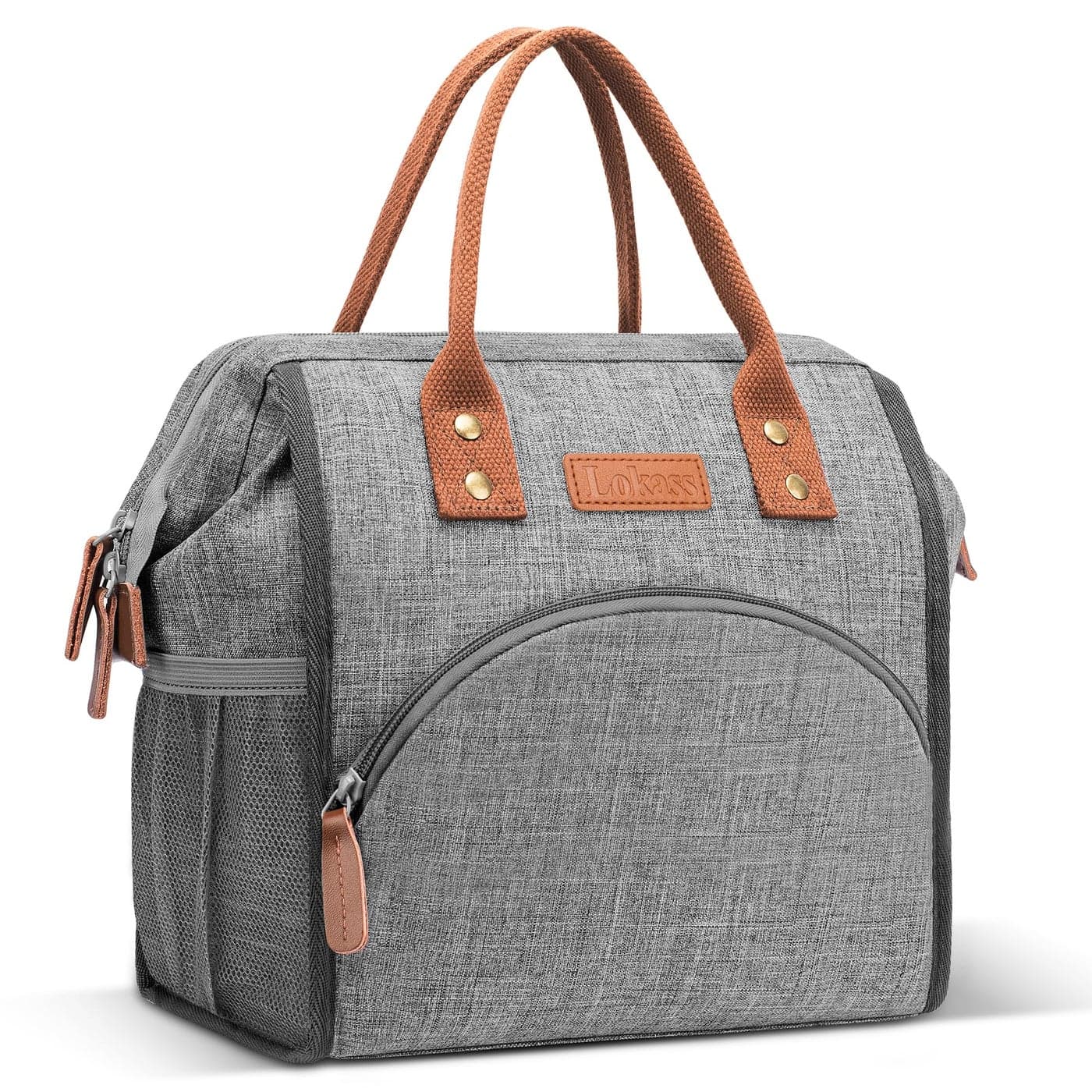 LOKASS Lunch Bag Women Insulated Lunch Box Wide-Open Lunch Tote Bag Large Drinks Holder Durable Nylon Thermal Snacks Organizer for Men Adults Work Picnic Hiking Beach Fishing,Grey