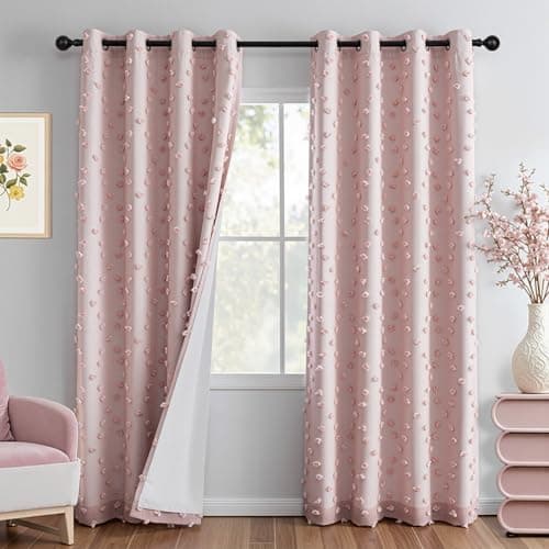 MYSKY HOME 100% Blackout Curtains for Girls Bedroom 90 Inch Long Total Room Darkening Curtain for Living Room 2 Panels Grommet Light Blocking Sliding Door Drapes Blush Pink Pom Pom Sheer 52" x 90"
