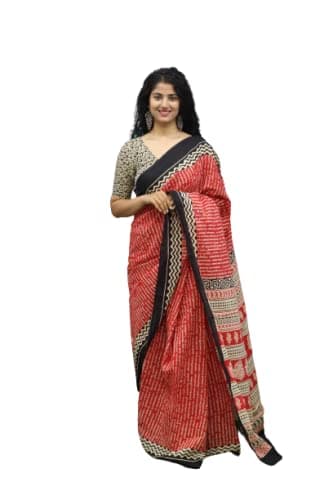 JALTHER Handicrafts Women's Ikat Hand Block Print Jaipuri Cotton Mulmul Saree with Blouse Piece - Red_171