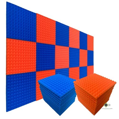 YGM Acoustic Foams® Pyramid Studio Soundproofing - Set of 36 (Acoustic Foam Tiles 1'x1' 1 Inches) (Orange & Blue)