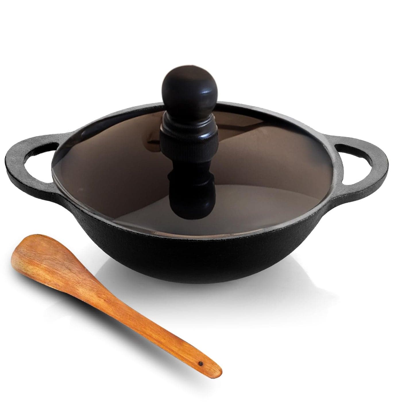 Lifelong Cast Iron Kadhai 24cm with Wooden Spatula 33L 24kg PreSeasoned Even Heat Distribution Toxin Teflon Free NonStick Durable Perfect for Cooking Searing Stewing