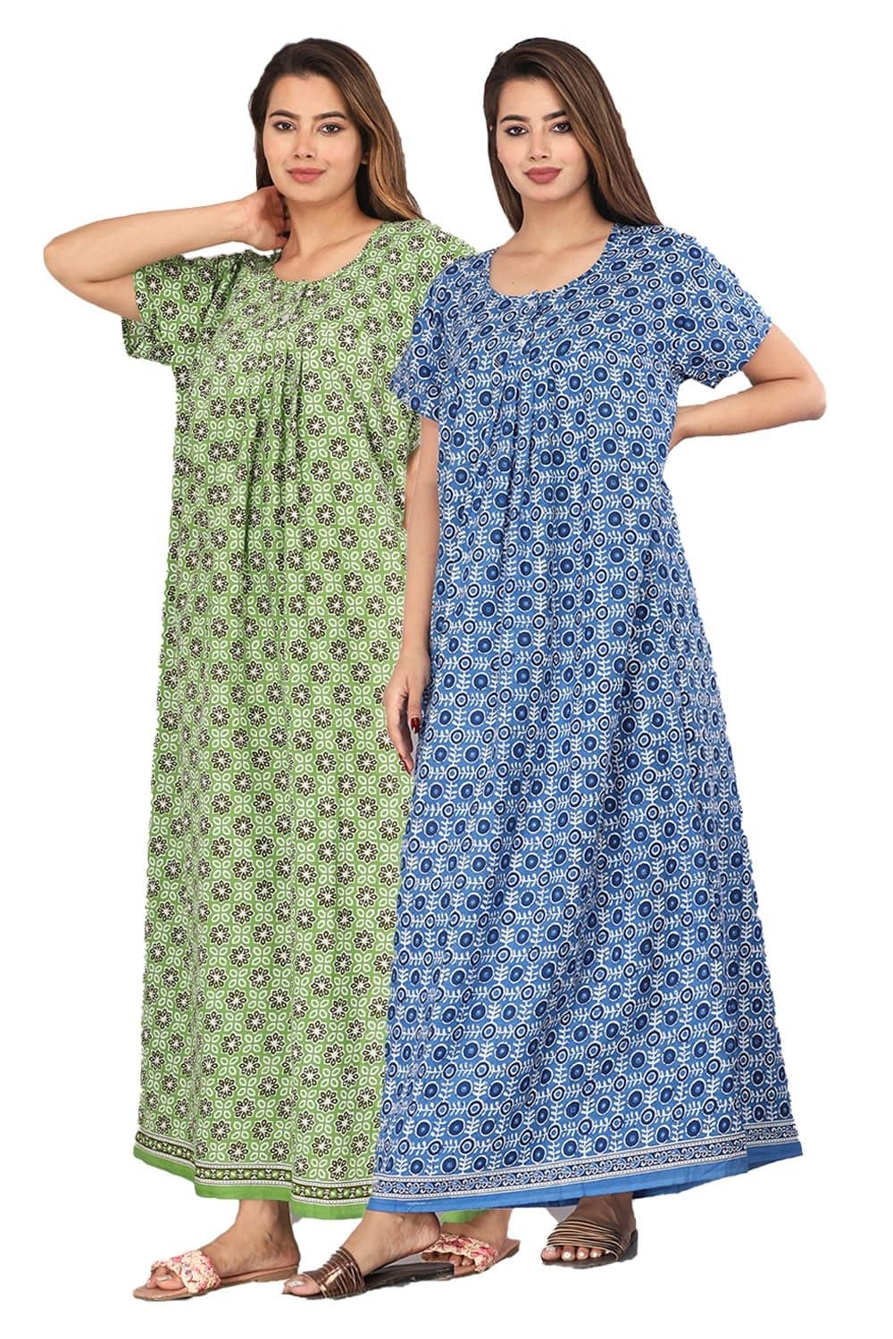Kuruti B Sheets Nighty for Women Cotton Printed Maxi Gown Ankle Length Nighty Night Dress Gown for Women Maxi - Free Size (Pack of 2)
