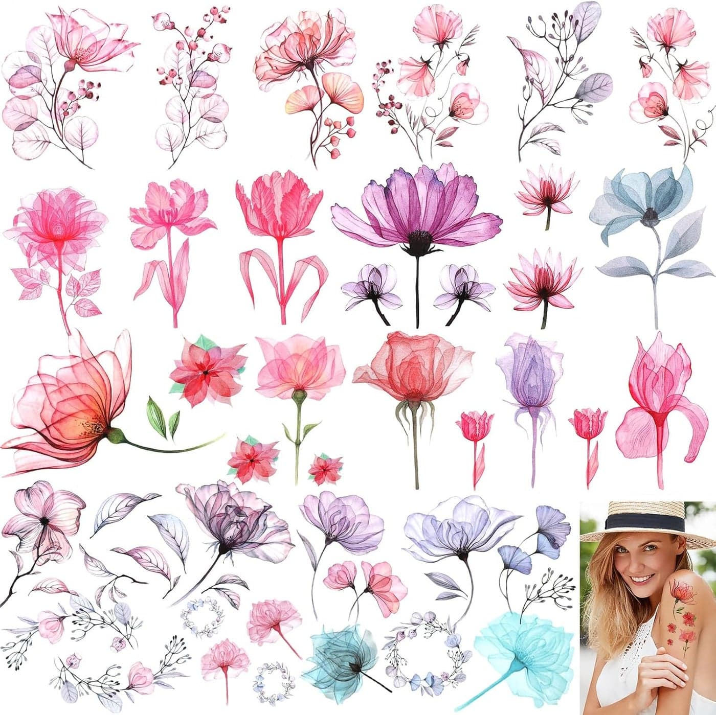 10 Sheets Flower Temporary Tattoos for Women Girls Fake Watercolor Rose Lily Flower Tattoo Stickers Waterproof Art for Face Body Arm Kids Birthday Party Favors Makeup Supplies