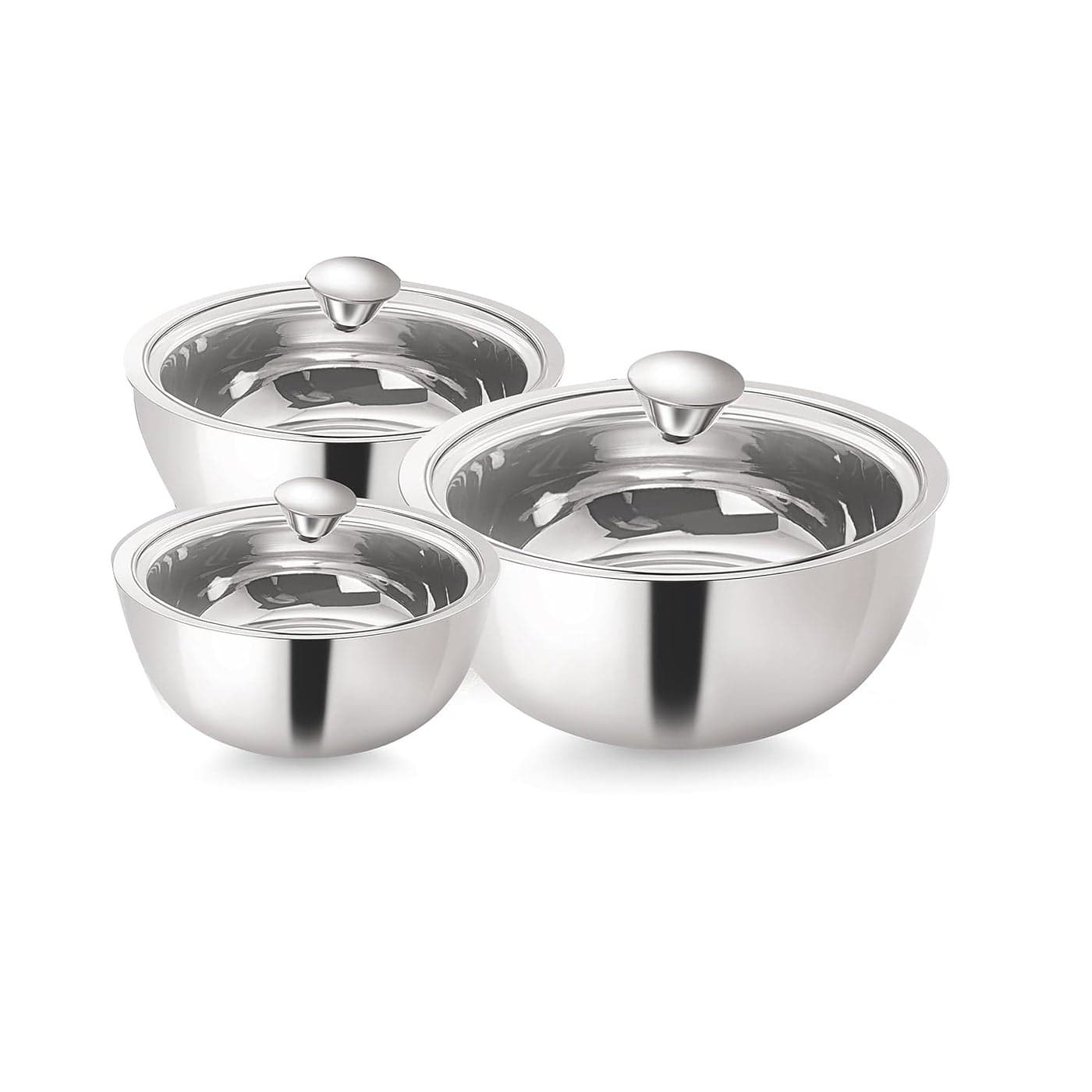 NanoNine Gravy Pot Double Wall Insulated Stainless Steel Serve Fresh Casserole with Glass Lid 500 ml900 ml 158 L 3 pc