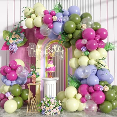 Paready Green Pink Balloons Garland Arch Kit 125Pcs Retro Peach Pink Green Balloons Arch Macaron Purple Yellow Balloon for Flower Theme Wedding Bridal Shower Birthday Baby Shower Party Decoration