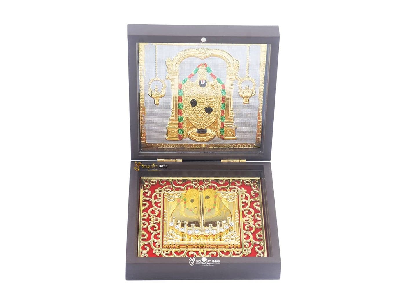 GoldGiftIdeas 24K Gold Plated Square Tirupati Balaji Photo Frame with Charan Paduka Box, Balaji Wooden Momento Gift, Venkateshwar Swami Frame for Worship, Housewarming Return Gift