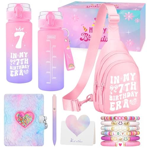 7 Year Old Girl Birthday Gifts, Preppy Trendy Gifts for 7 Year Old Girl Water Bottle Crossbody Bag Fluffy Diary with Lock, Girls Age 7 Gift Ideas for Daughter Sister Niece 7th Birthday Decorations