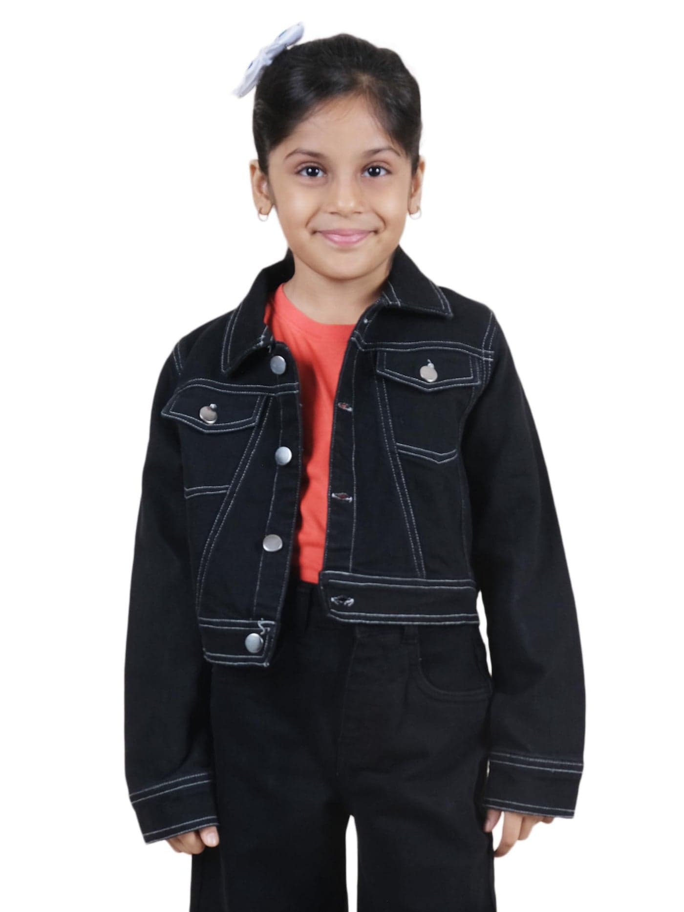 KiddoPanti Girls Full Sleeve Patch Detailed Crop Denim Jacket, Black With Badges - 1-2Y