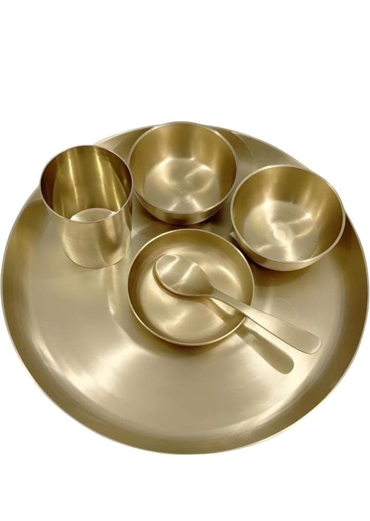 kansa (Bronze) Dinner Set of 6 Pieces, Kansa Dinner Set Plain matt Finish Design, Bronze thali Set 11 inch kansi thali 1700 gm matt Finish kansi Plate Set for Serving