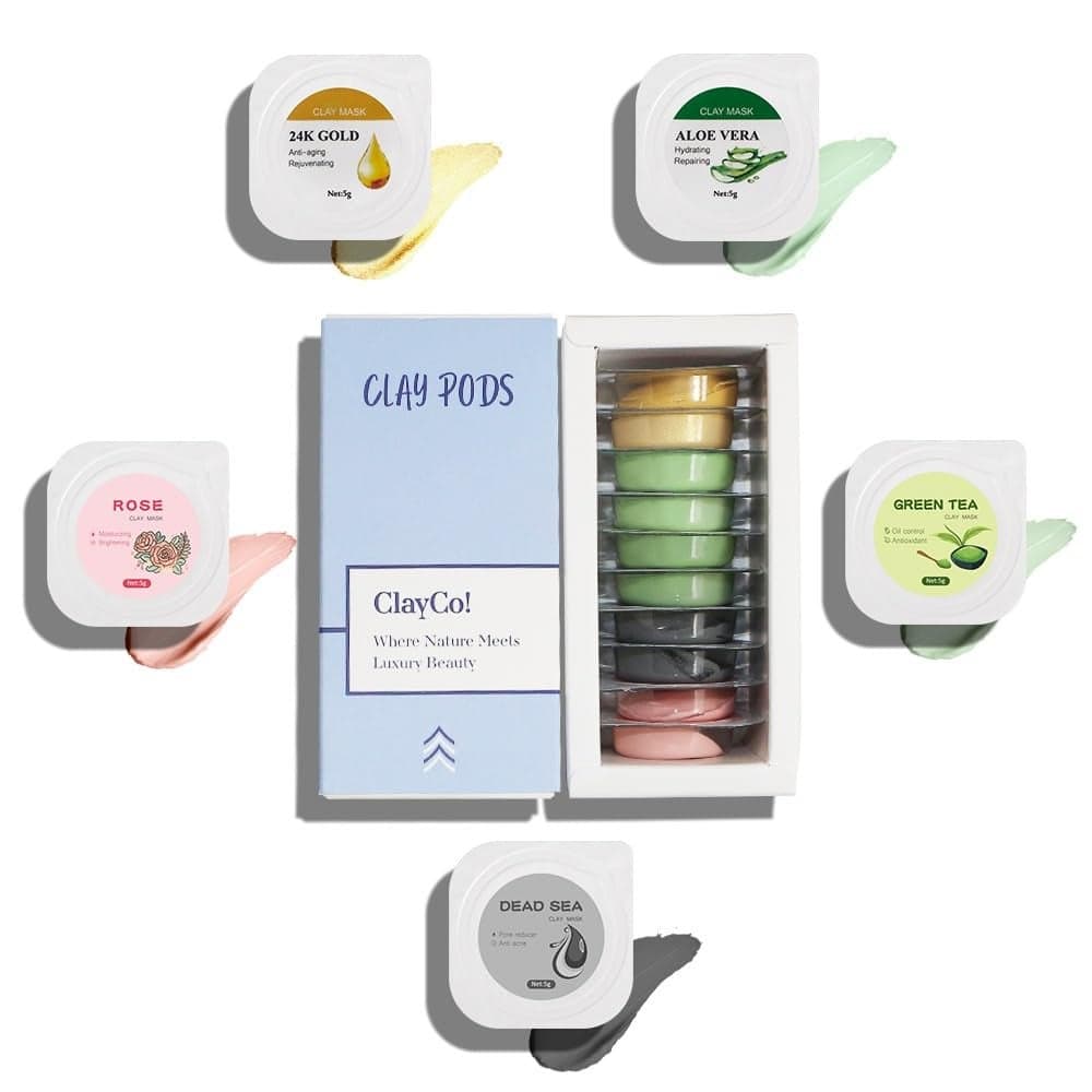 ClayCo 10 Piece Clay Mask Variety Kit for Men Women Facial and Skin Care Clay Face Mask Set Rose Dead Sea Green Tea Aloe Vera 24K Gold
