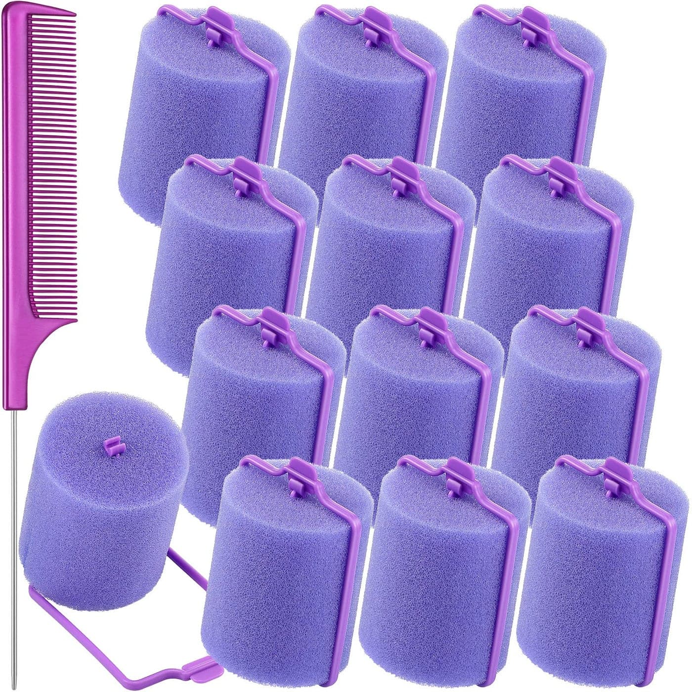 Syhood 12 Pcs Jumbo Foam Sponge Hair Rollers 189 Inch Soft Sleeping Curlers Flexible Large Foam Rollers and Rat Tail Comb for Hair StylingPurple