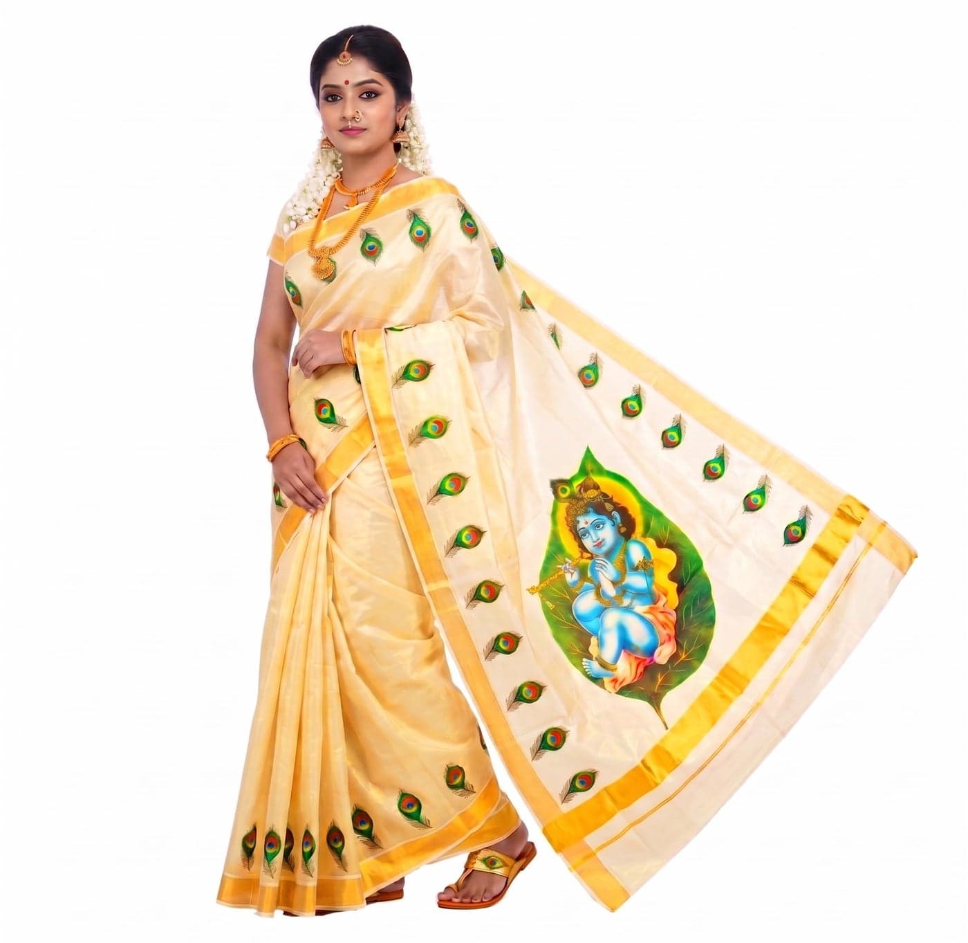 YETTALAN® Women’s Mural Printed Kerala Gold Tissue Saree with Running Blouse (Baby Krishna On Leaf)